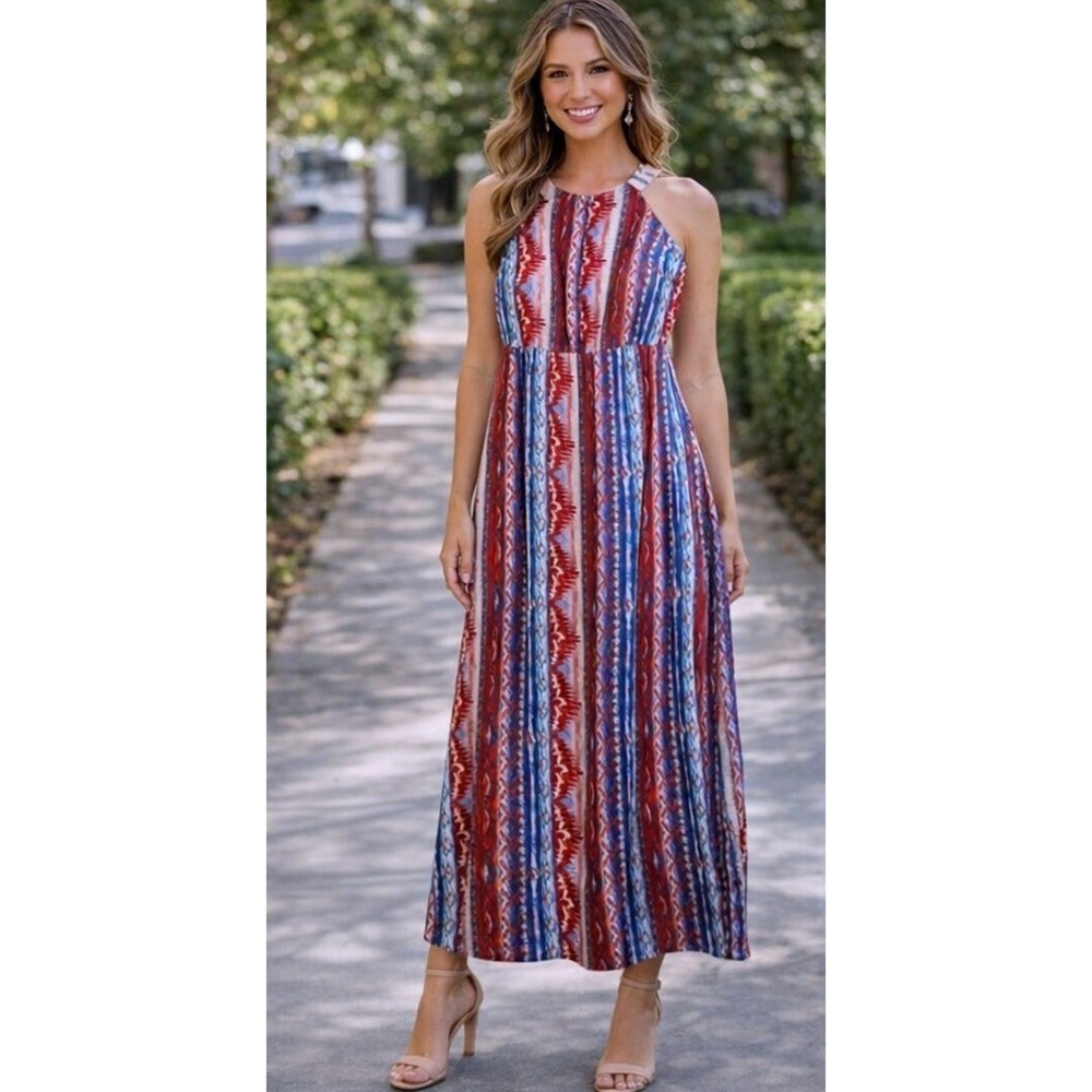 Flying Tomato Colorful Embroidered Bohemian Maxi Dress Blue Red Size M EUC